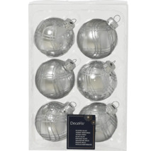 Zes zilveren kerstballen met rasterpatroon in een transparante verpakking