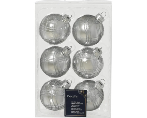 Zes zilveren kerstballen met rasterpatroon in een transparante verpakking