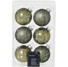 Zes glazen kerstballen met sterpatroon in kartonnen doos