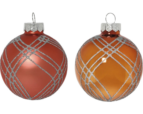 Twee kerstballen met glitterlijnenpatroon