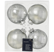 Set van vier zilveren glazen kerstballen met ruitpatroon