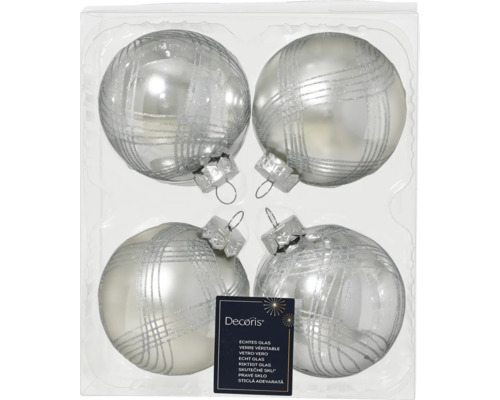 Set van vier zilveren glazen kerstballen met ruitpatroon