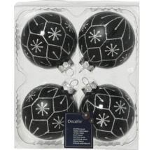 Vier zwarte kerstballen met zilveren sneeuwvlokpatronen in transparante verpakking