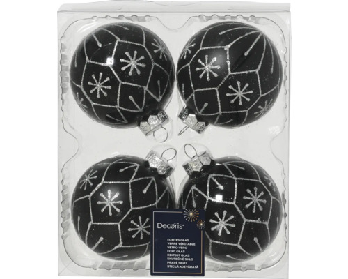 Vier zwarte kerstballen met zilveren sneeuwvlokpatronen in transparante verpakking