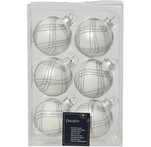 Zes witte glazen kerstballen met zilverkleurig ruitpatroon in een transparante verpakking