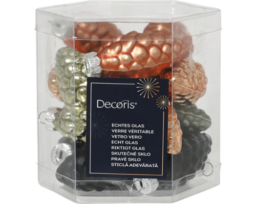 Decoris kerstboomversiering dennenappel van glas in set