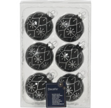 Zes zwarte kerstballen met zilveren sneeuwvlokken in plastic verpakking