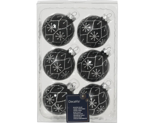 Zes zwarte kerstballen met zilveren sneeuwvlokken in plastic verpakking