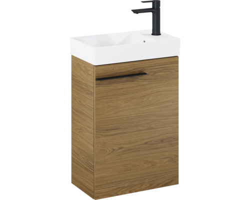 Wastafel met onderkast, wasbak, kraan en houten decoratie