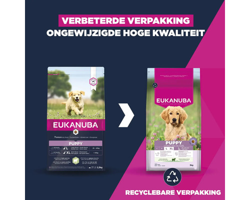 Verbeterde verpakking van Eukanuba Puppy droogvoer met ongewijzigd hoge kwaliteit en recyclebare verpakking.