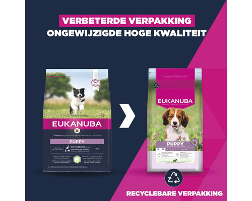 Verbeterde verpakking Eukanuba Puppy hondenvoer, ongewijzigde hoge kwaliteit