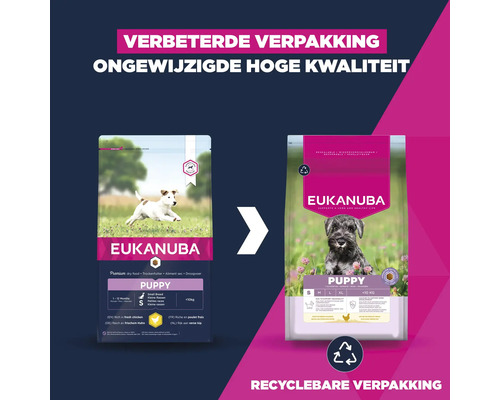 EUKANUBA Hondenvoer Pup S kip 3 kg Eukanuba puppyvoer voor en na: verbeterde, recyclebare verpakking met dezelfde hoge kwaliteit.