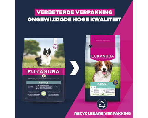 EUKANUBA Hondenvoer Adult S/M lam & rijst 12 kg Eukanuba Adult droog hondenvoer met verbeterde verpakking