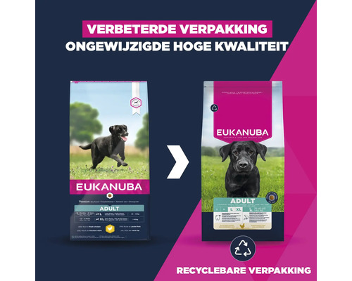 Eukanuba droog hondenvoer voor volwassen honden, verbeterde verpakking