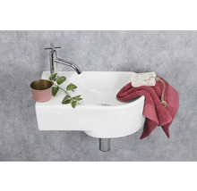 Kleine wastafel met kraan, plant, zeep en handdoek voor een grijze muur