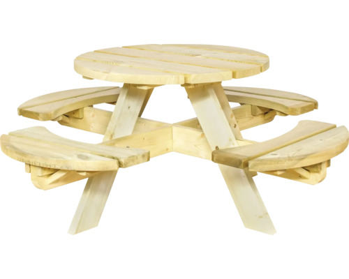 Ronde picknicktafel van hout met geïntegreerde banken