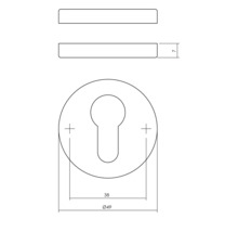 Technische tekening van een deurbeslag met sleutelrozet en maatvoering