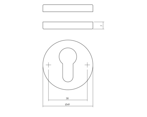 Technische tekening van een deurbeslag met sleutelrozet en maatvoering