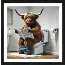 Illustratie van een Schotse hooglander die op een toilet zit en een krant leest