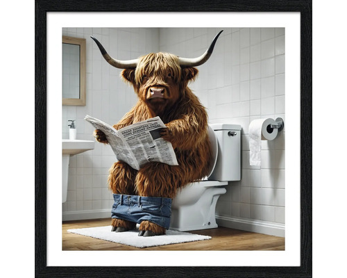 Illustratie van een Schotse hooglander die op een toilet zit en een krant leest