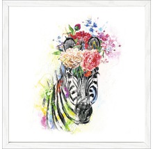 Schilderij van een zebra met bloemenkrans in lijst