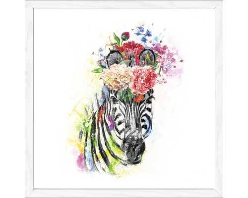 Schilderij van een zebra met bloemenkrans in lijst
