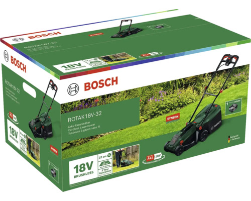 Verpakking van de Bosch Rotak 18V-32 accu-grasmaaier