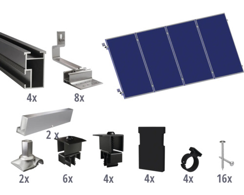 GEMS Montageset zwart voor 4 modules (4x1) op schuin dak/ pannendak incl. 4x montagerail 2400 mm Componenten voor de installatie van zonnepanelen, inclusief modules, rails en bevestigingsmateriaal