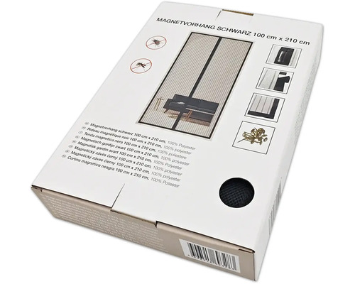 Verpakking van een zwart magnetisch gordijn, 100 x 210 cm, van polyester.