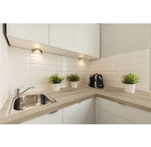 Lichte keuken met gootsteen, aanrecht en keukenapparatuur