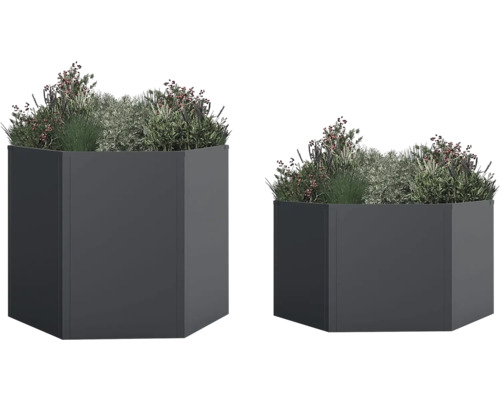 Twee antracietkleurige plantenbakken met beplanting