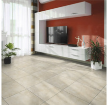 Moderne woonkamer met tegelvloer, witte wandmeubel en kamerplanten.