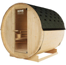 Houten barrel sauna met dakshingles en glazen deur