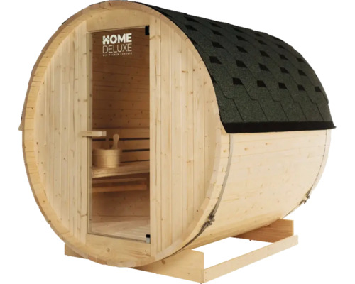 Houten barrel sauna met dakshingles en glazen deur