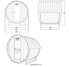 Technische tekening van een barrelsauna met afmetingen