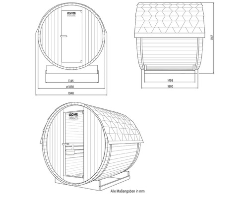 Technische tekening van een barrelsauna met afmetingen