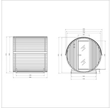 Technische tekening van een barrelsauna met afmetingen