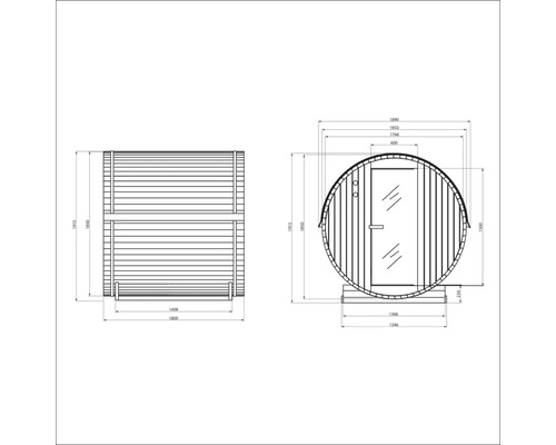 Technische tekening van een barrelsauna met afmetingen