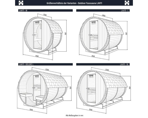 Afmetingen van de LAHTI outdoor barrel sauna in verschillende varianten