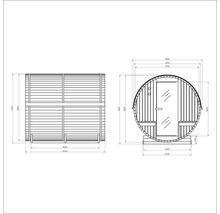 Technische tekening van een barrelsauna met afmetingen.