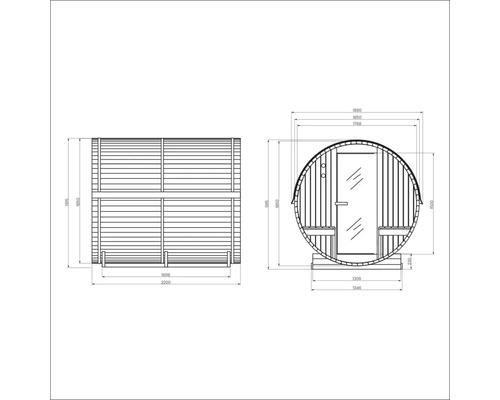Technische tekening van een barrelsauna met afmetingen.