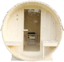 Sauna in vatvorm met glazen deur en banken
