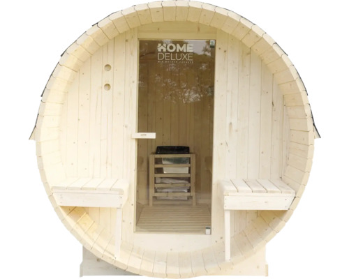Sauna in vatvorm met glazen deur en banken
