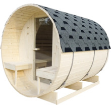 Houten barrel sauna met dakshingles en glazen deur