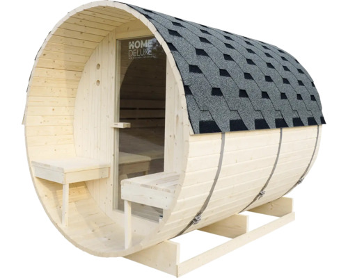 Houten barrel sauna met dakshingles en glazen deur