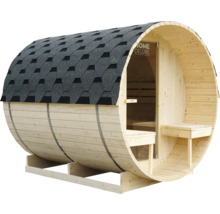 Sauna in de vorm van een ton met shingles dak