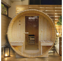 Vatvormige sauna met zitbanken en Home Deluxe logo