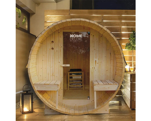 Vatvormige sauna met zitbanken en Home Deluxe logo