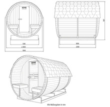 Technische tekening van een barrel sauna met afmetingen
