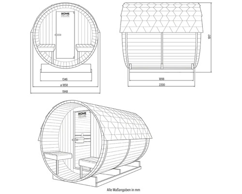 Technische tekening van een barrel sauna met afmetingen